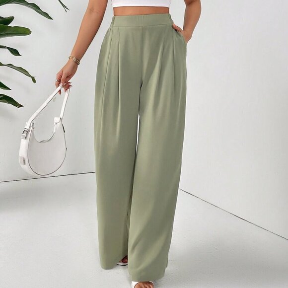 Green Casual Women's Basic Solid Color Long Pants - Picture 3 of 6